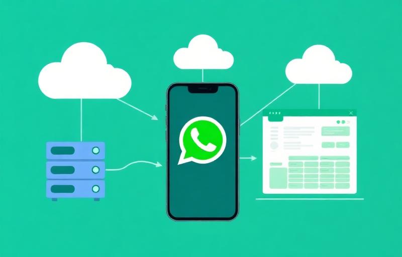 Ilustração da integração da API Oficial do WhatsApp Business com servidores em nuvem e dashboard empresarial